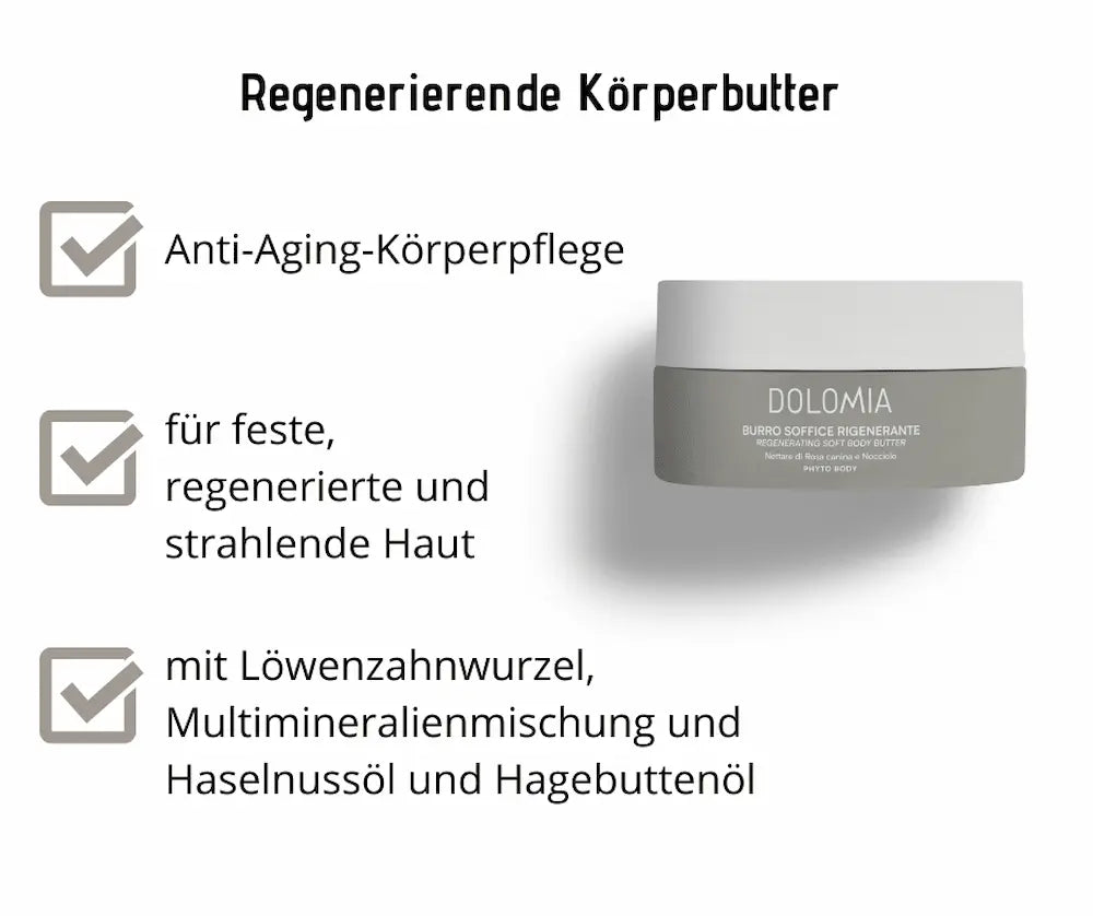 Infografik zur regenerierenden Körperbutter von Dolomia mit Anti-Aging-Pflege, Inhaltsstoffen wie Löwenzahnwurzel, Haselnuss- und Hagebuttenöl