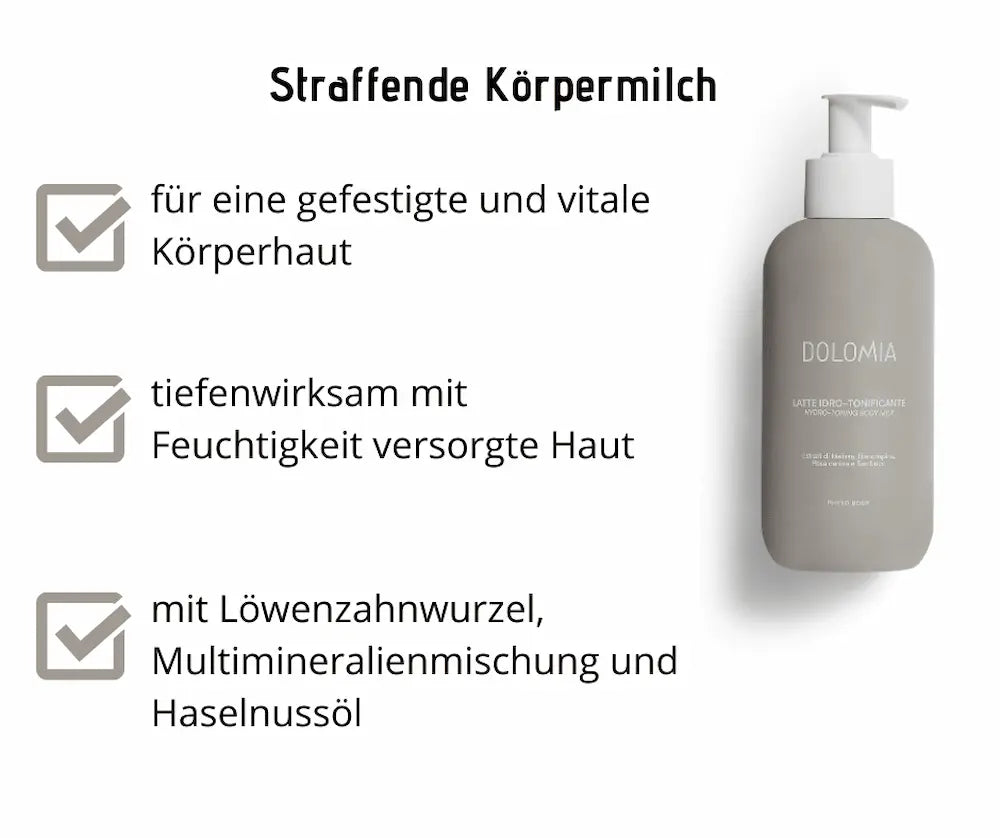 Dolomia straffende Körpermilch im grauen Pumpspender, Infografik mit drei Vorteilen für gefestigte, vitale und tiefenwirksam gepflegte Körperhaut