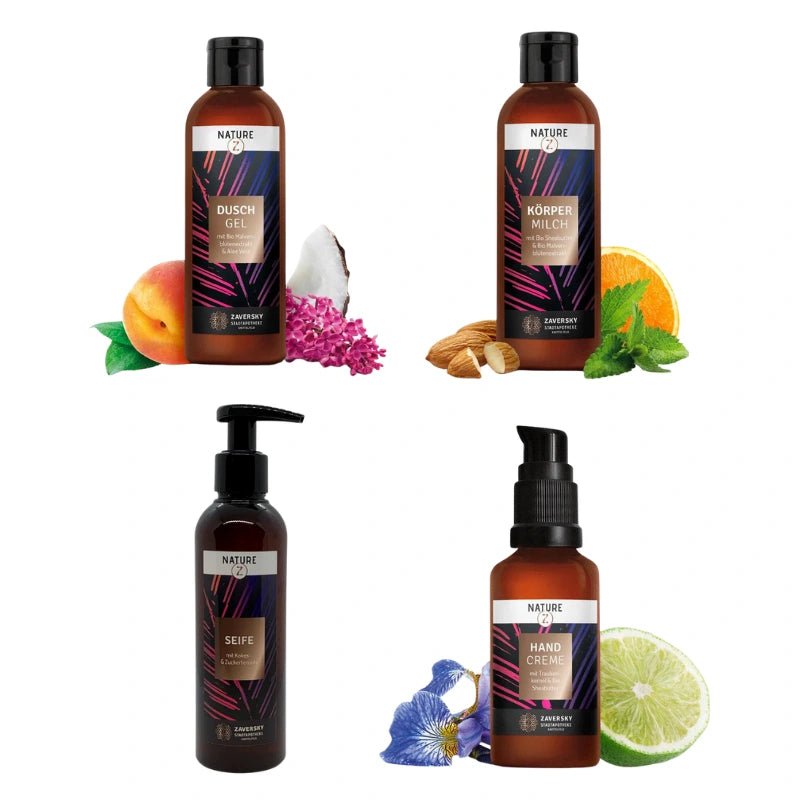 Nature Z Körperpflegeset mit Duschgel, Körpermilch, Seife und Handcreme in braunen Flaschen mit Früchten und Blüten