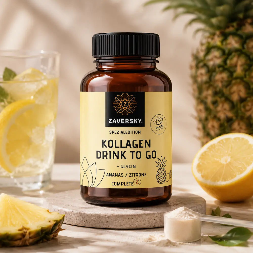 Zaversky Kollagen Drink to go Ananas-Zitrone in brauner Flasche mit gelbem Etikett, daneben Ananas, Zitrone und Pulver