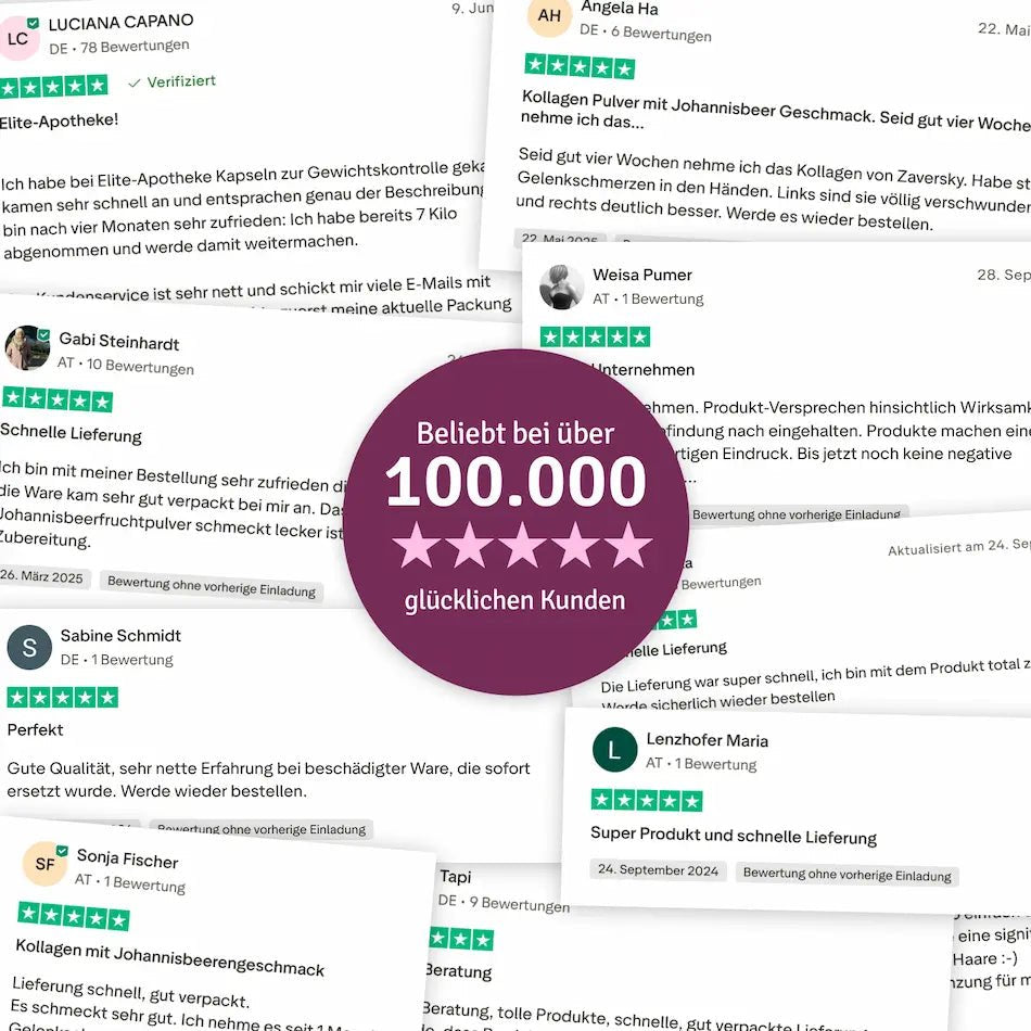 Collage aus Fünf-Sterne-Kundenbewertungen mit rundem Störer „Beliebt bei über 100.000 glücklichen Kunden“ in Bordeaux