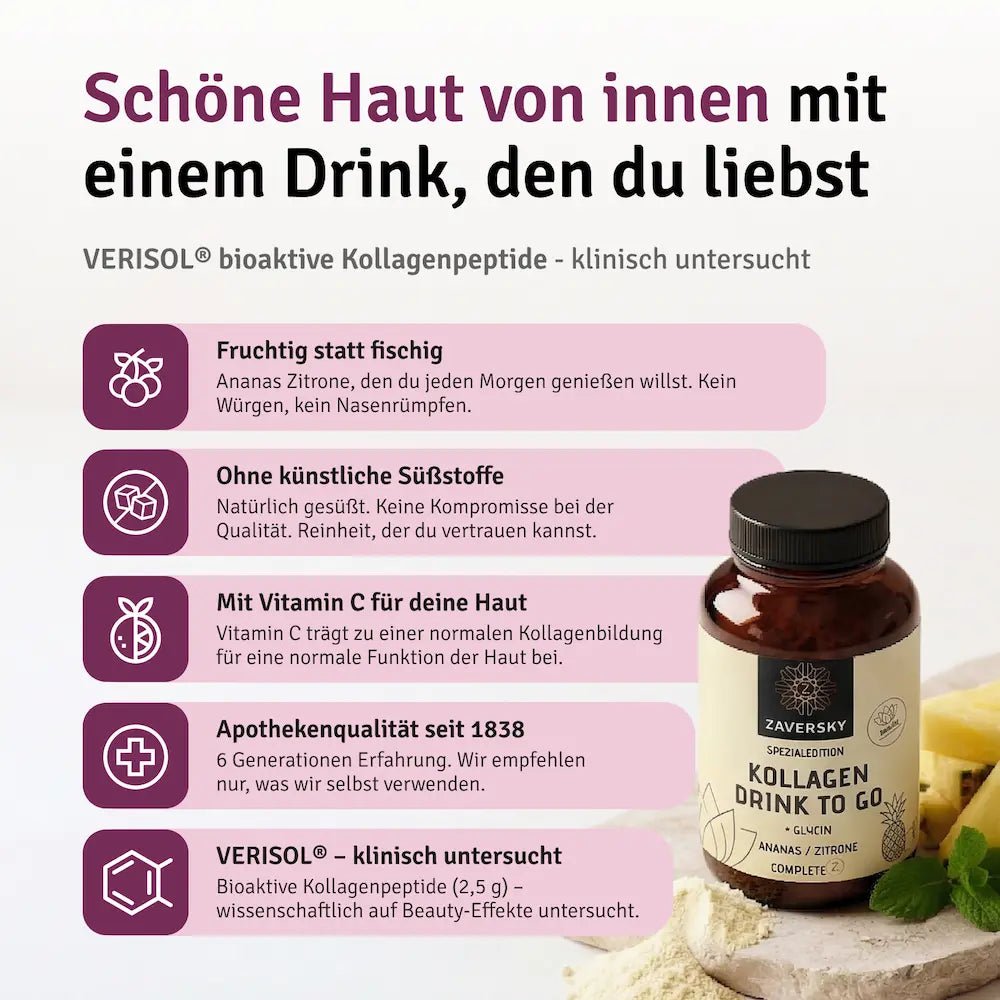 Zaversky Kollagen Drink to Go Spezialedition Ananas Zitrone mit Glycin, Infografik mit fünf Produktvorteilen