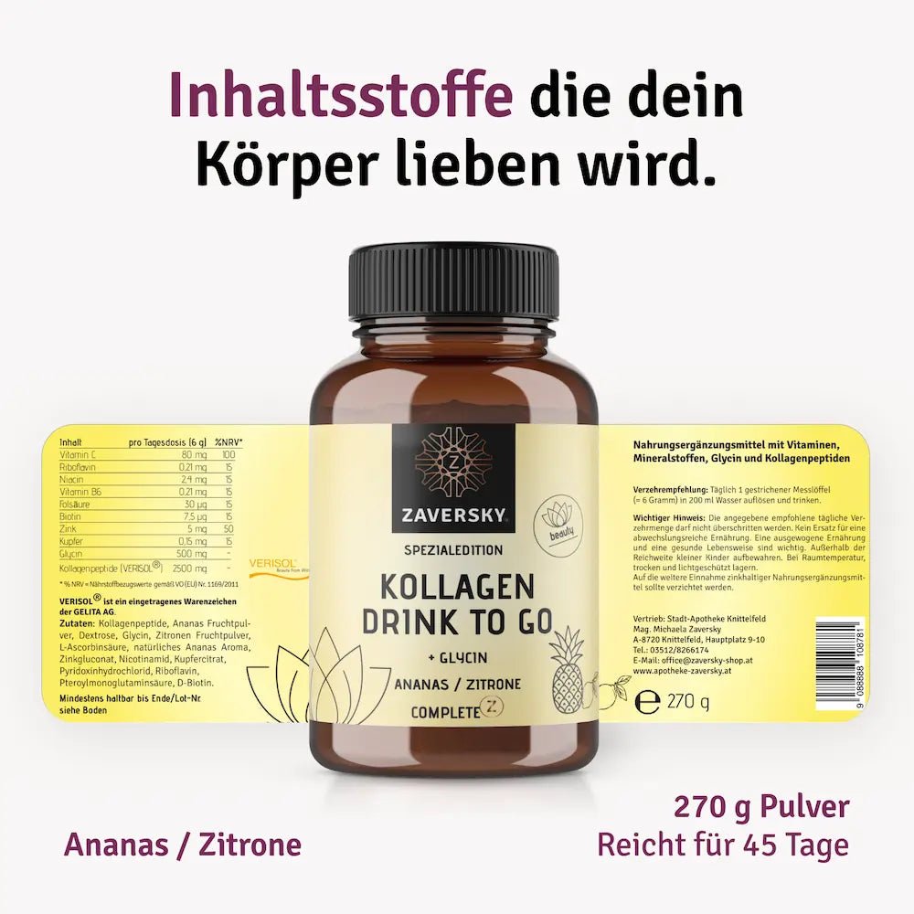 Zaversky Kollagen Drink to Go Spezialedition Ananas Zitrone mit Glycin, 270 g Pulver für 45 Tage, mit Etikett und Inhaltsstoffen