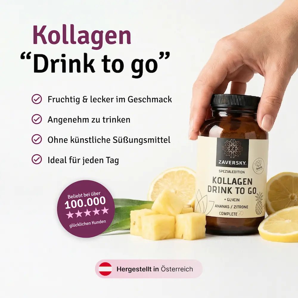 Zaversky Kollagen Drink to go Spezialedition mit Glycin, Ananas-Zitrone-Geschmack, Braunglas, neben frischen Ananasstücken und ZitronenscheibenZaversky