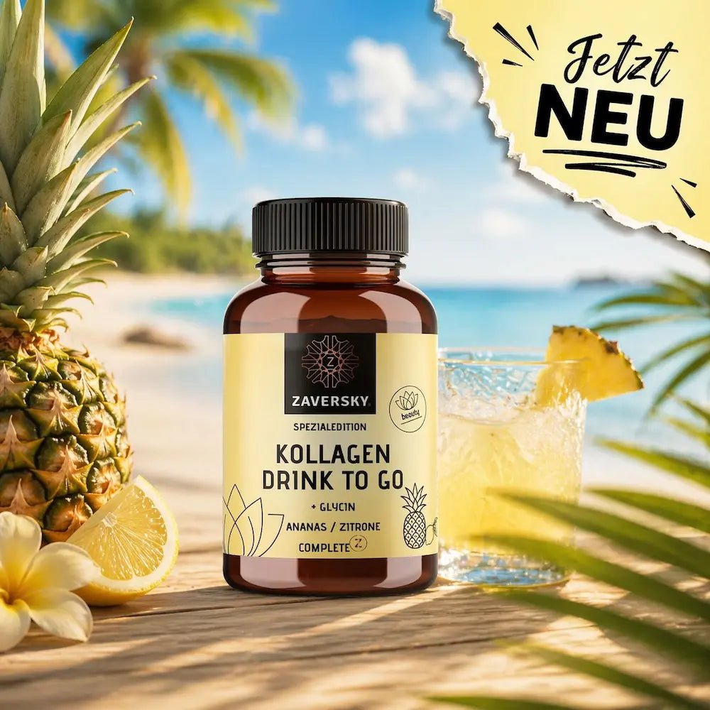 Zaversky Kollagen Drink to Go Spezialedition mit Glycin, Ananas-Zitrone, braune Dose mit Ananas und Getränk am Strand