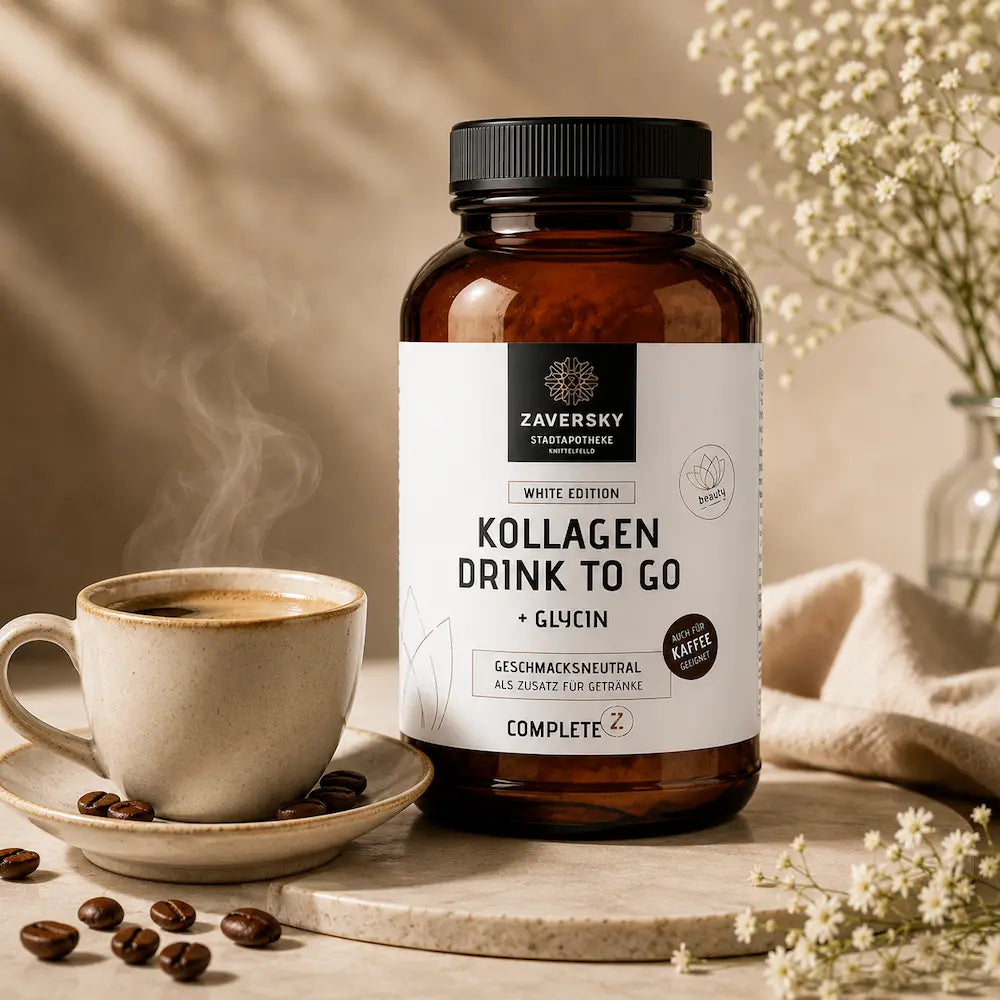 Zaversky Kollagen Drink to go White Edition in brauner Flasche mit weißem Etikett, daneben dampfende Kaffeetasse und Kaffeebohnen