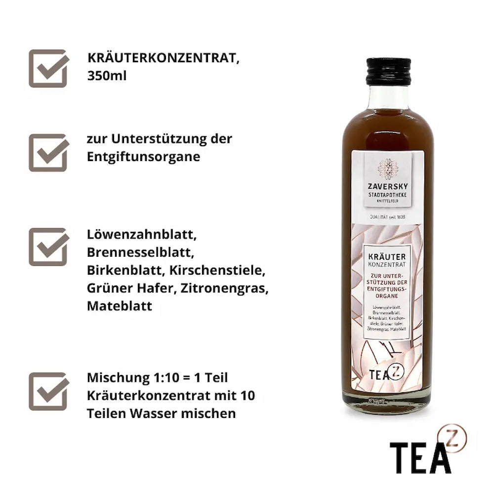 Zaversky Kräuterkonzentrat 350 ml in brauner Glasflasche mit Etikett, Infografik mit Inhaltsstoffen, Anwendung und Mischverhältnis 1:10