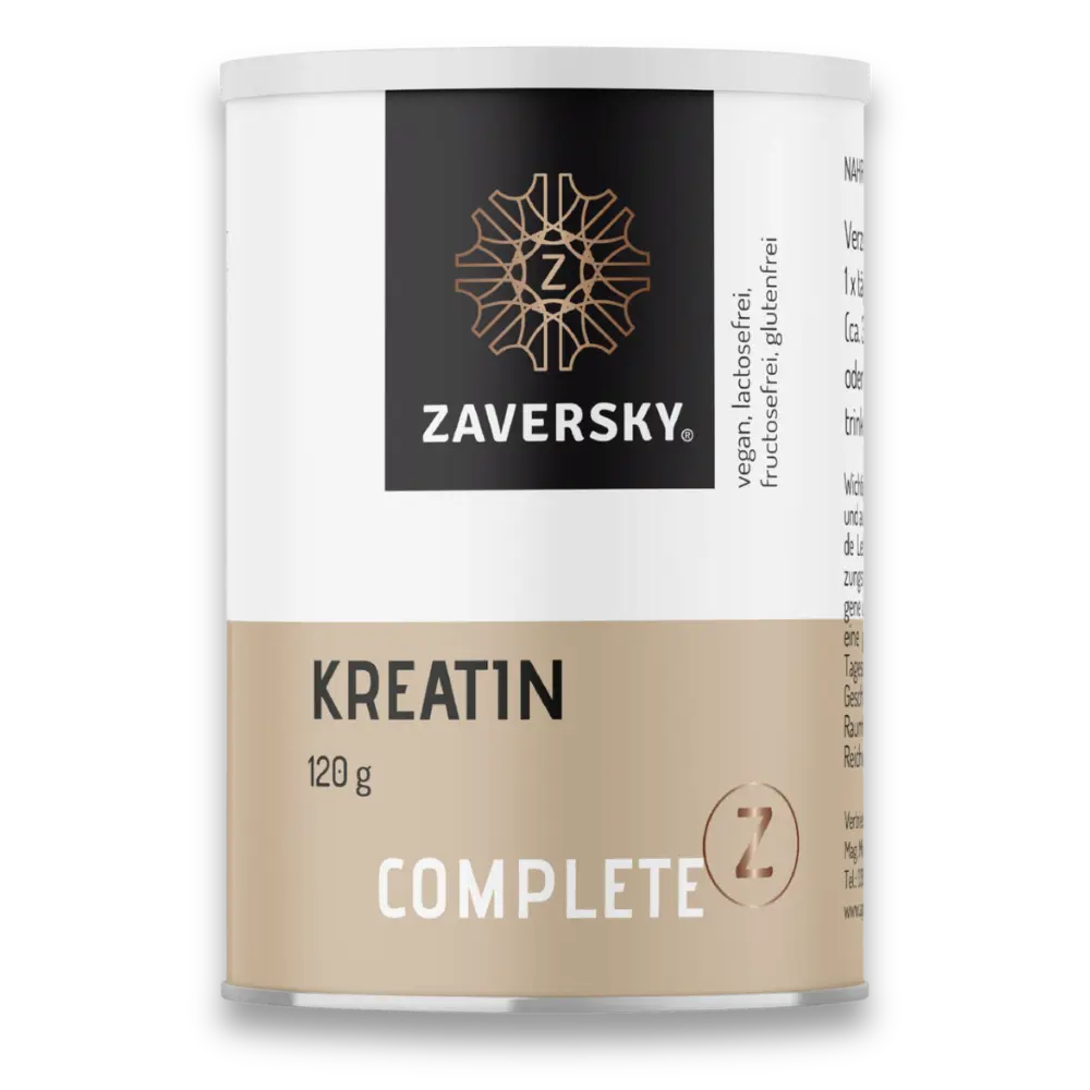 Zaversky Kreatin Complete in beige-weißer Dose, 120 g, mit Hinweisen vegan, lactosefrei, fructosefrei und glutenfrei.