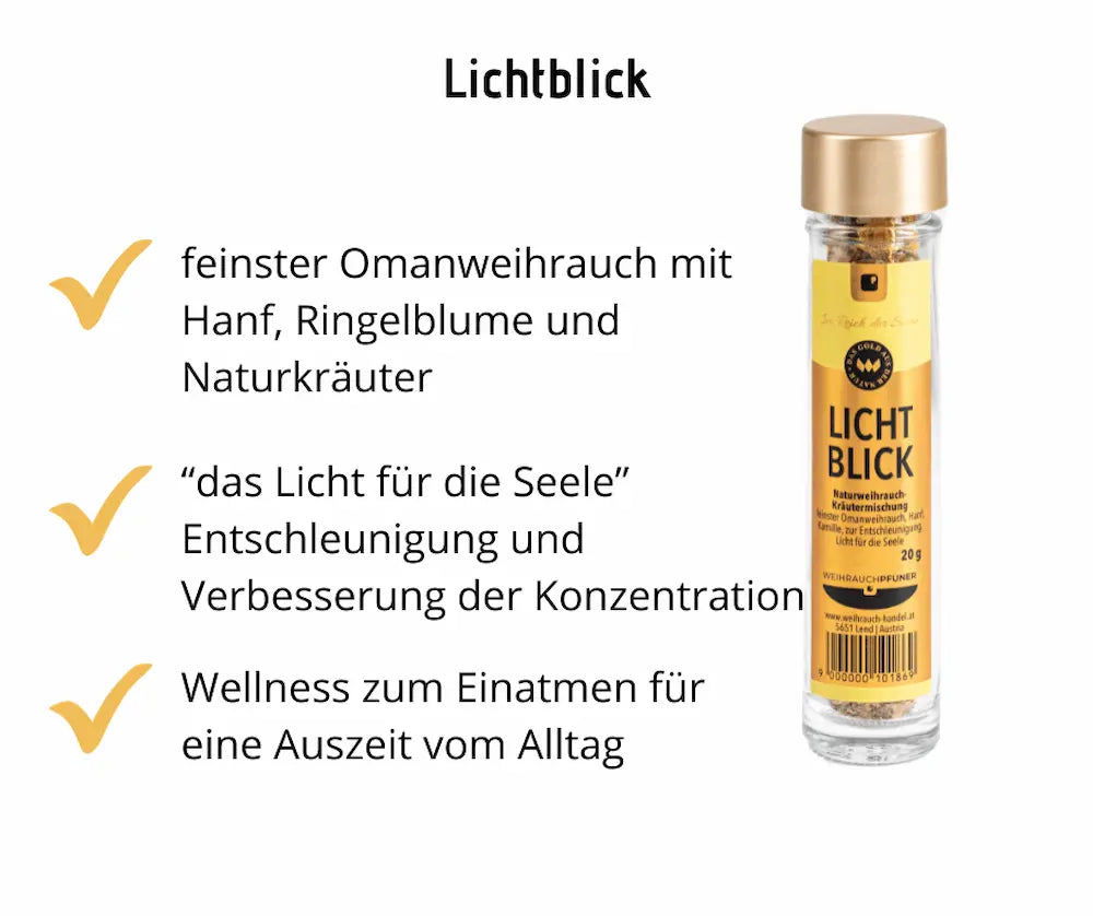 Infografik zu Lichtblick Naturweihrauch-Kräutermischung im Glasfläschchen mit Goldverschluss, mit Hinweisen zu Omanweihrauch, Hanf und Entschleunigung.