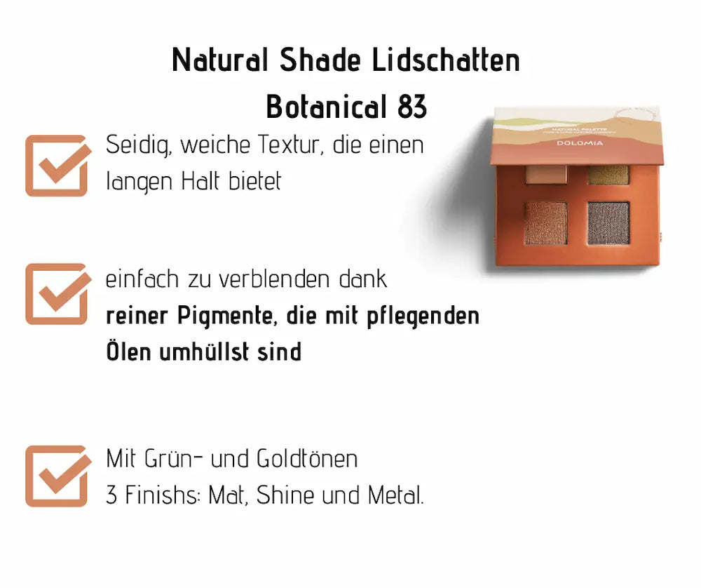 Dolomia Natural Shade Lidschatten Palette Botanical 83 mit vier Farbtönen in Grün und Gold, daneben Produktmerkmale aufgelistet