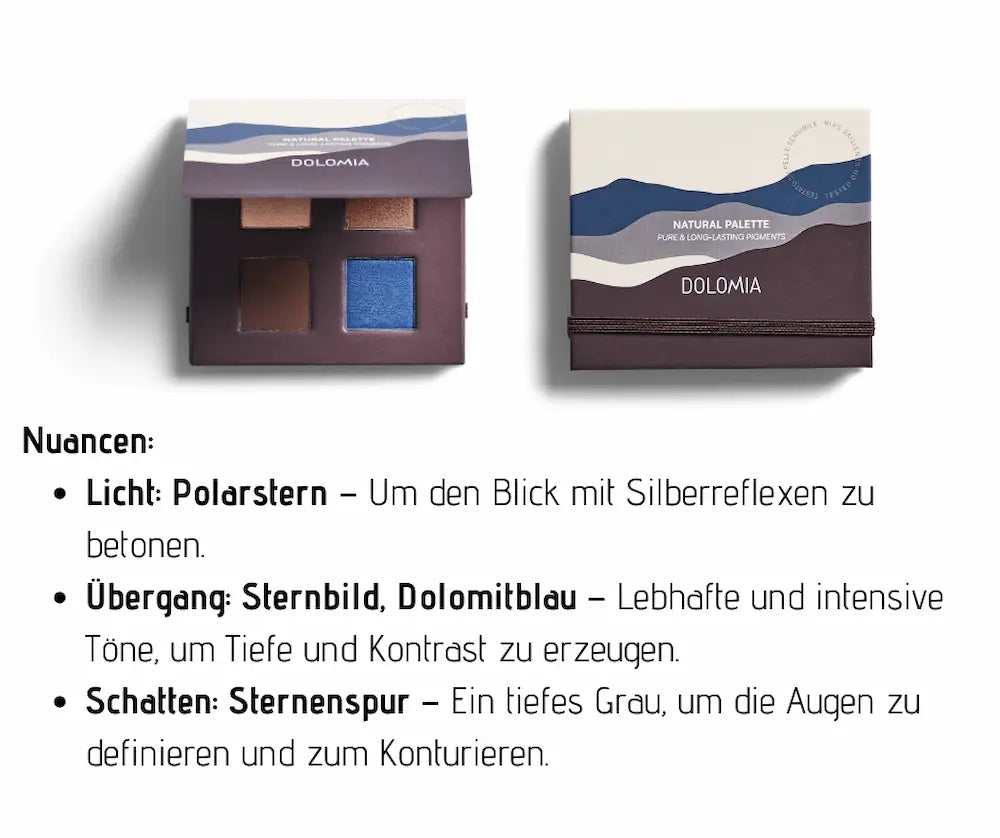 Dolomia Natural Palette Lidschatten mit vier Farbtönen in Kupfer, Braun und Blau, geöffnet und geschlossen dargestellt