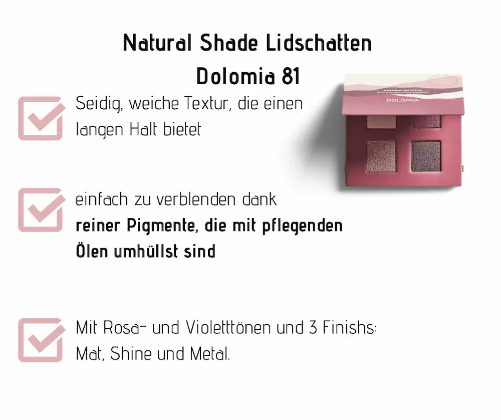 Natural Shade Lidschattenpalette Dolomia 81 mit vier Farbtönen in Rosa und Violett, Produktmerkmale mit Checkliste erklärt