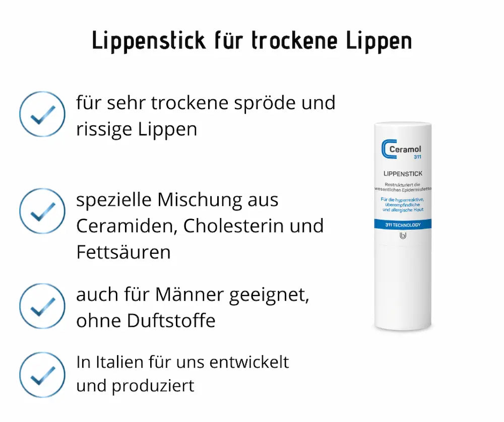 Infografik zum Ceramol 311 Lippenstick für sehr trockene und rissige Lippen mit weißer Stiftverpackung und vier Produktvorteilen