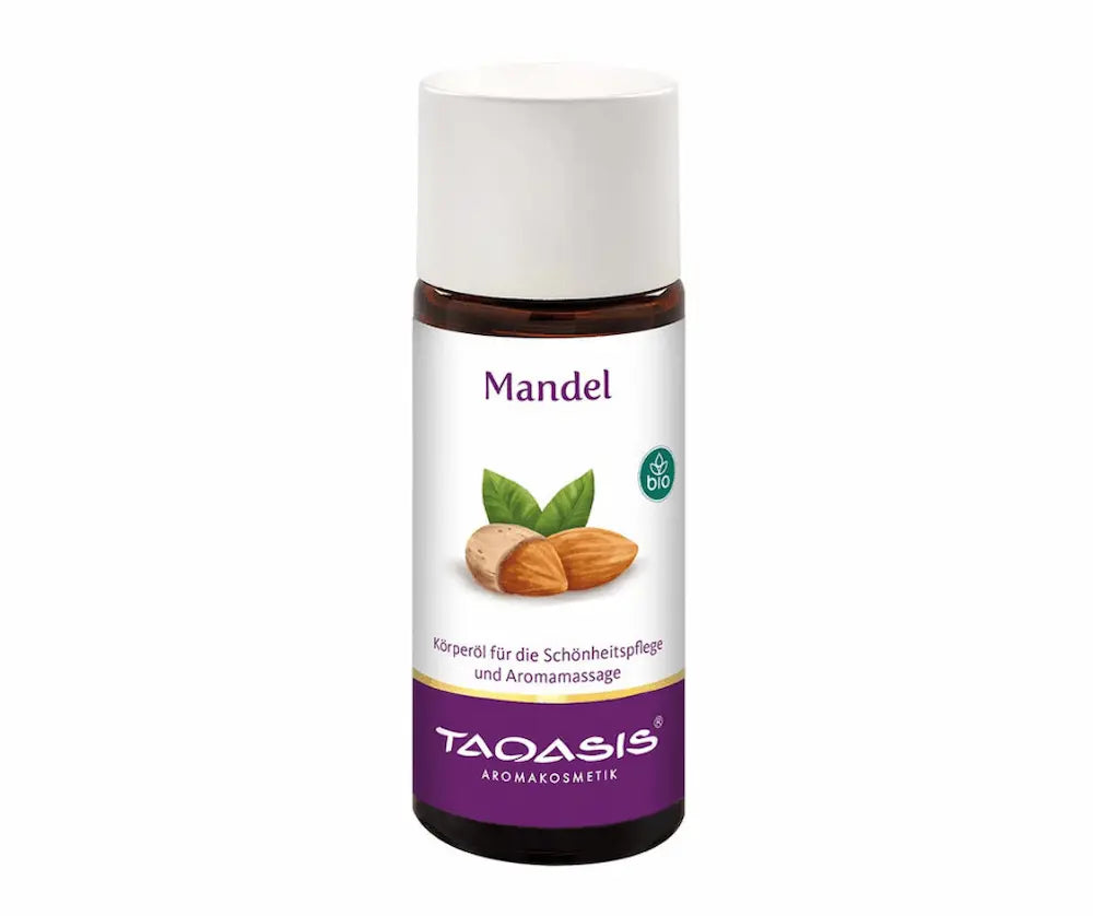 Taoasis Mandel Körperöl in brauner Glasflasche mit weißer Kappe, bio-Siegel und Mandel-Abbildung, für Schönheitspflege und Aromamassage