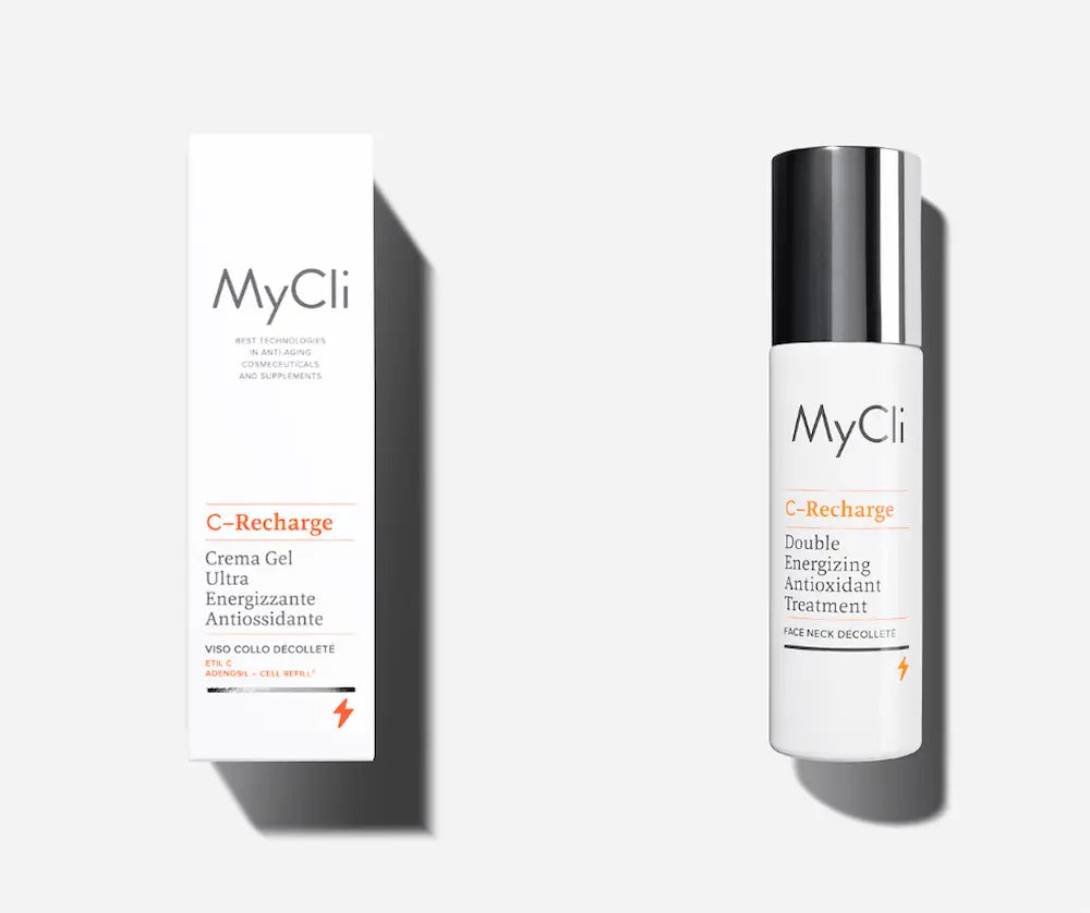 MyCli C-Recharge Double Energizing Antioxidant Treatment Gel-Creme in weißer Pumpflasche neben weißer Faltschachtel