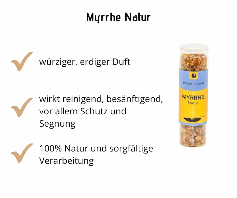 Myrrhe Natur in transparentem Glasröhrchen mit blau-gelbem Etikett, daneben Hinweise zu Duft, Wirkung und Verarbeitung