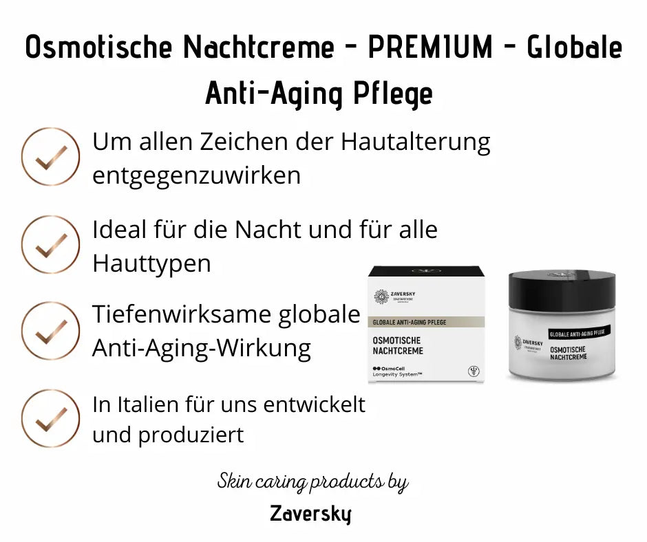 Osmotische Nachtcreme von Zaversky als Tiegel und Verpackung mit Infografik zu Anti-Aging-Pflege für alle Hauttypen.