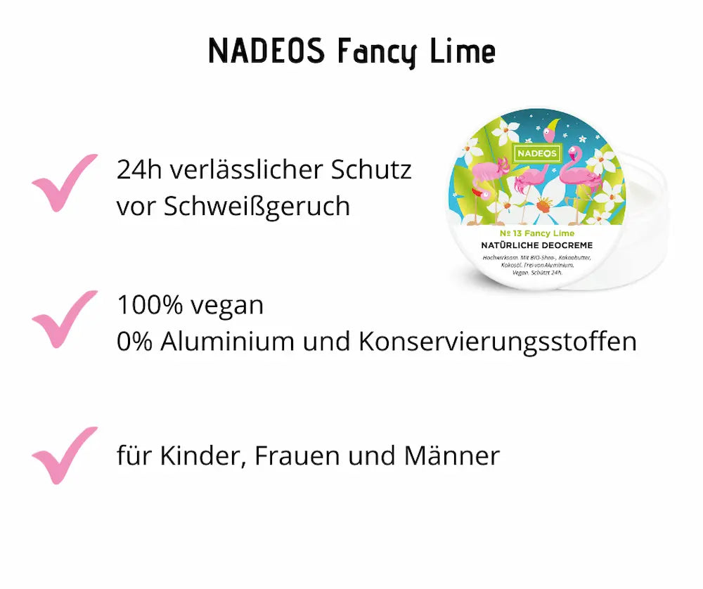 NADEOS Fancy Lime Nº 13 natürliche Deocreme im offenen Tiegel mit Flamingo-Motiv, Infografik mit Vorteilen: 24h Schutz, 100% vegan, 0% Aluminium