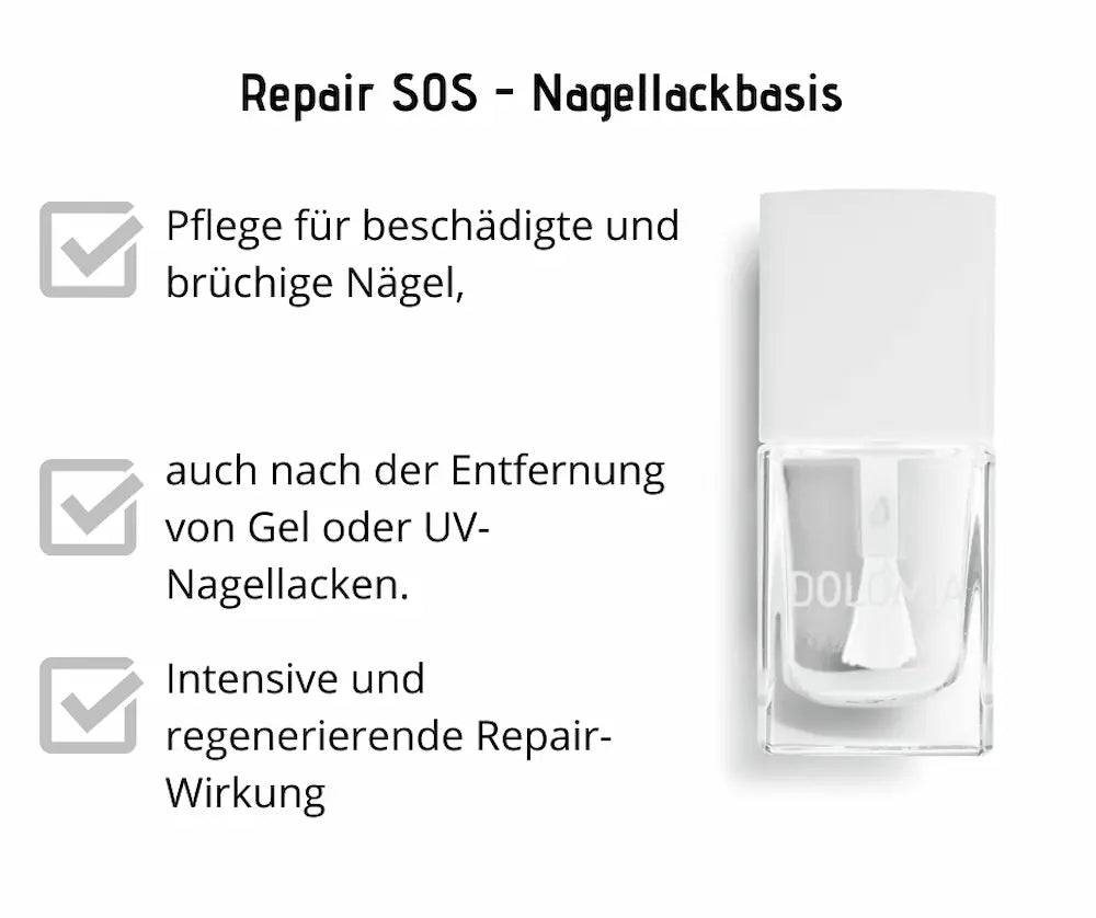 Repair SOS Nagellackbasis von Dolomia in transparenter Glasflasche mit weißem Deckel, Infografik zur Pflege beschädigter und brüchiger Nägel.