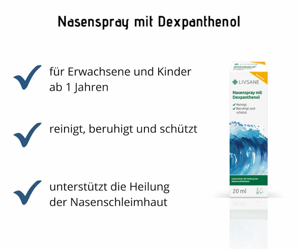 Infografik zu LIVSANE Nasenspray mit Dexpanthenol, 20 ml Faltschachtel mit Wellenmotiv, für Erwachsene und Kinder ab 1 Jahr, reinigt, beruhigt und schützt