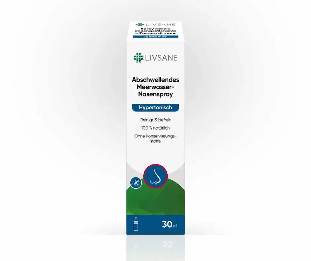 Livsane Abschwellendes Meerwasser-Nasenspray Hypertonisch, weiße Faltschachtel mit grünem und blauem Design, 30 ml, Vorderansicht