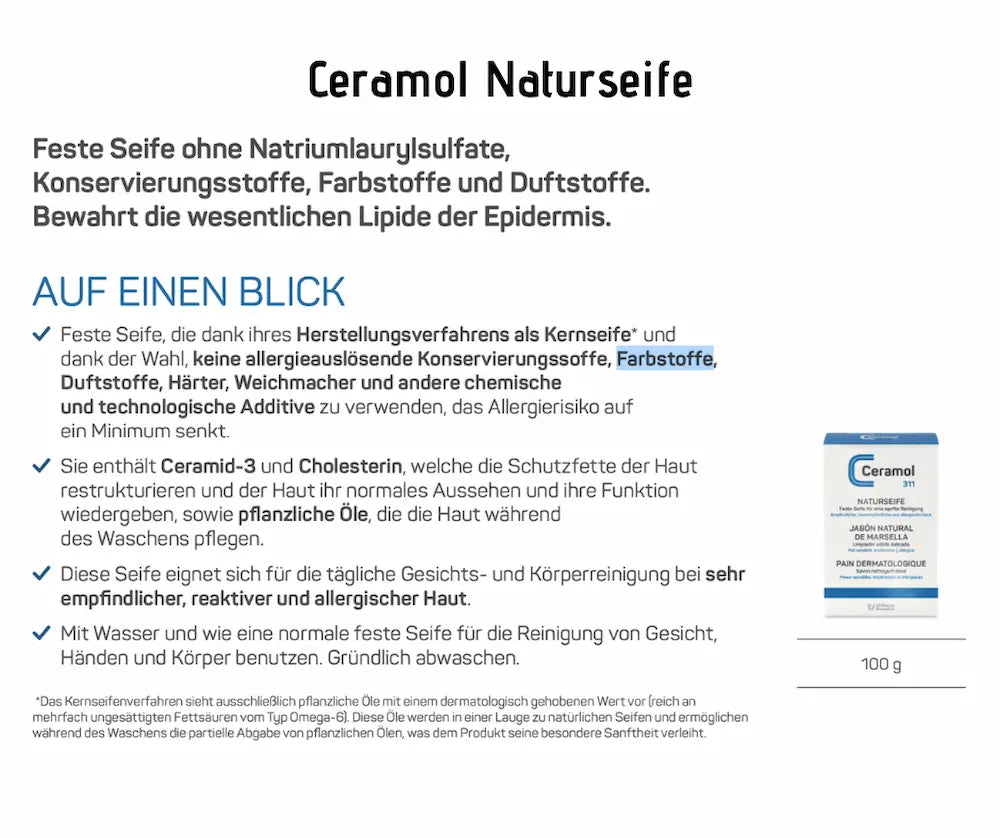 Ceramol Naturseife 311, feste Seife 100 g in weiß-blauer Verpackung mit Infografik zu Inhaltsstoffen und Anwendung