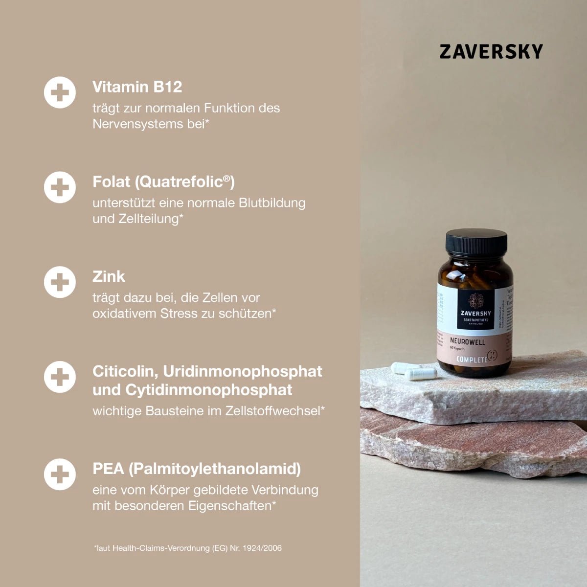 Zaversky Neurowell Complete Kapseldose mit Kapseln auf Stein, Infografik zu Vitamin B12, Folat, Zink, Citicolin und PEA.