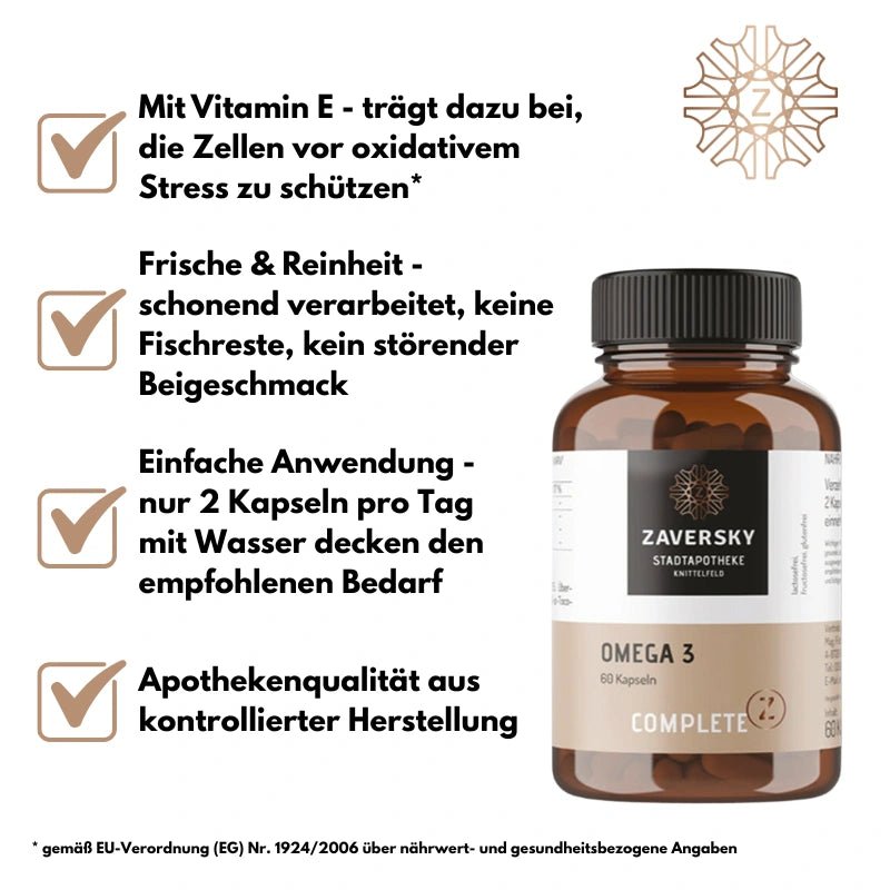 Omega 3 Kapseln von Zaversky Stadtapotheke Knittelfeld in brauner Glasflasche, 60 Kapseln, mit vier Produktvorteilen
