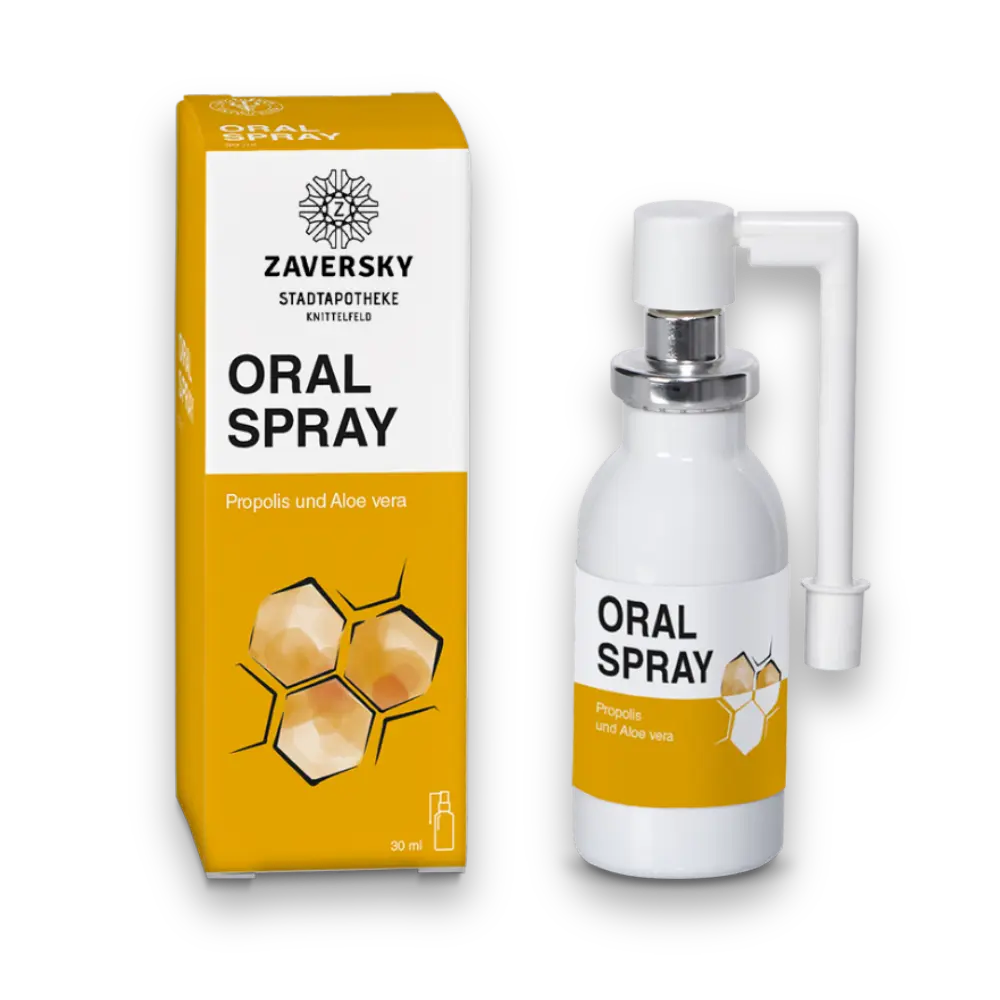Zaversky Oral Spray mit Propolis und Aloe vera, 30 ml, weiße Sprühflasche neben gelb-weißer Verpackung mit Wabenmotiv.