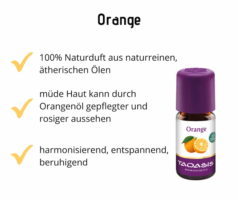 Infografik zu Taoasis Orange Bio-Öl in brauner Tropfenflasche mit lila Deckel, mit Hinweisen zu 100% Naturduft, Hautpflege und beruhigender Wirkung