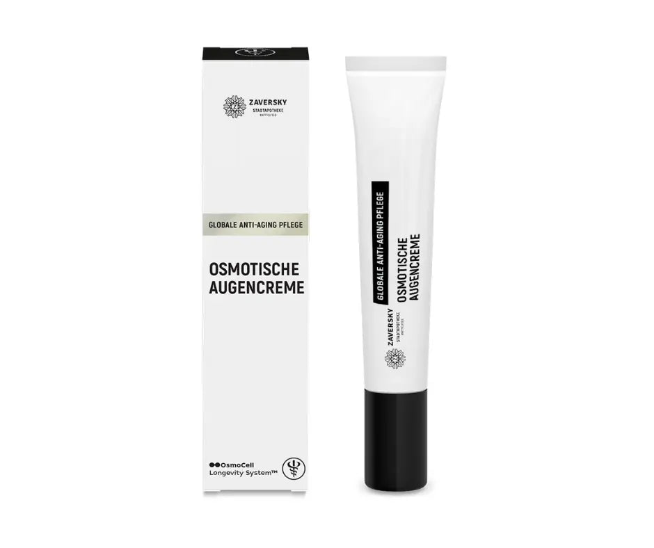 Zaversky Osmotische Augencreme, weiße Tube mit schwarzem Deckel neben weißer Verpackung, Aufschrift „Globale Anti-Aging Pflege"