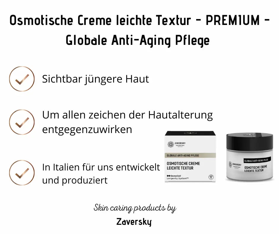 Zaversky Osmotische Creme leichte Textur, globale Anti-Aging Pflege im Tiegel mit Verpackung, Infografik mit Produktmerkmalen