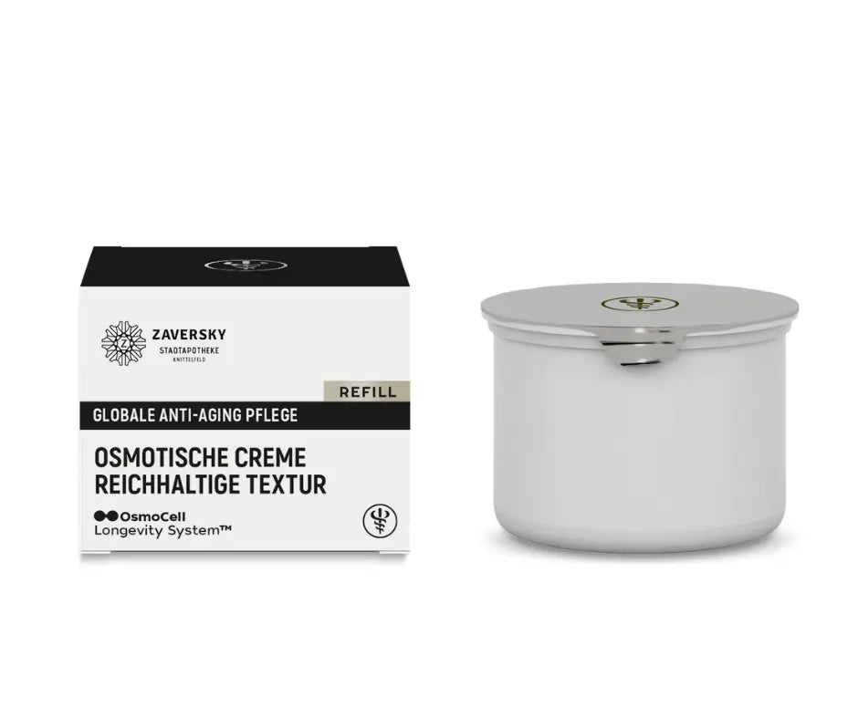 Zaversky Stadtapotheke Refill osmotische Creme reichhaltige Textur mit weißer Verpackung und silbernem Nachfülltiegel in der Vorderansicht.