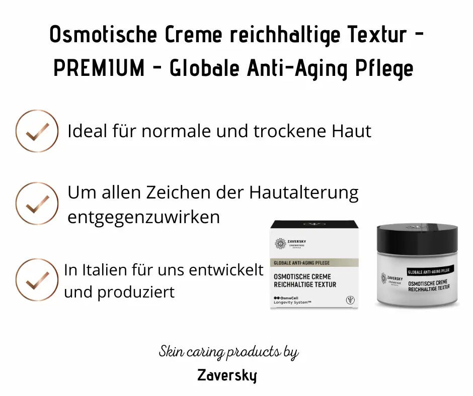 Infografik zur Osmotischen Creme reichhaltige Textur von Zaversky mit Faltschachtel und Tiegel sowie Hinweisen zur Anti-Aging-Pflege für normale und trockene Haut