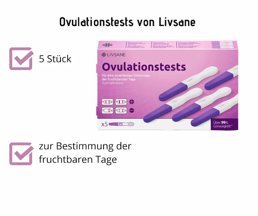 Livsane Ovulationstests, 5 Stück, lila Verpackung mit Teststäbchen, zur Bestimmung der fruchtbaren Tage, über 99 % Genauigkeit