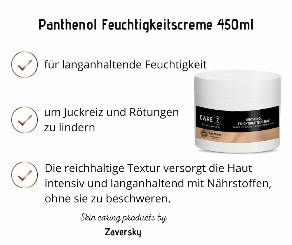 Panthenol Feuchtigkeitscreme 450 ml im weißen Tiegel von Care Z, Infografik mit Hinweisen zu langanhaltender Feuchtigkeit und Linderung von Juckreiz und Rötungen.