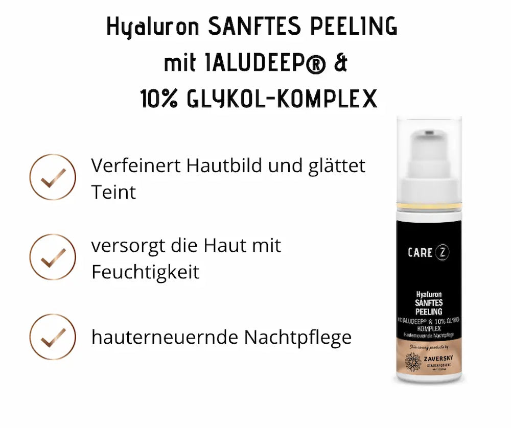 Care Z Hyaluron Sanftes Peeling mit IALUDEEP und 10% Glykol-Komplex in schwarzer Spenderflasche, hauterneuernde Nachtpflege von Zaversky
