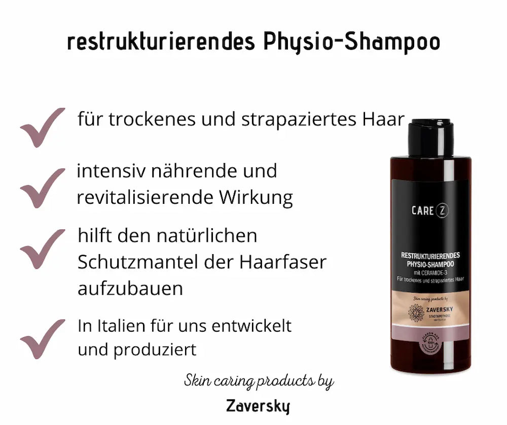 Infografik zum restrukturierenden Physio-Shampoo Care Z von Zaversky mit Ceramide-3 für trockenes und strapaziertes Haar, schwarze Flasche und vier Produktvorteile
