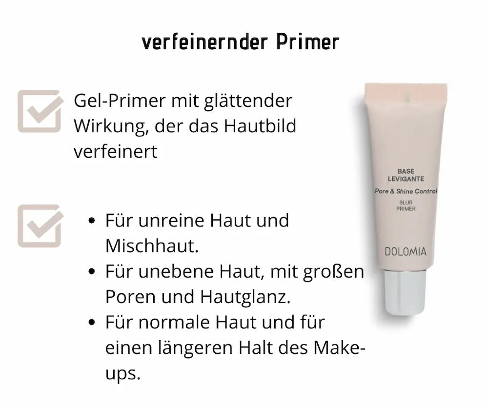Infografik zu verfeinerndem Primer von Dolomia, Base Levigante Pore & Shine Control Blur Primer in beiger Tube mit Anwendungsmerkmalen.