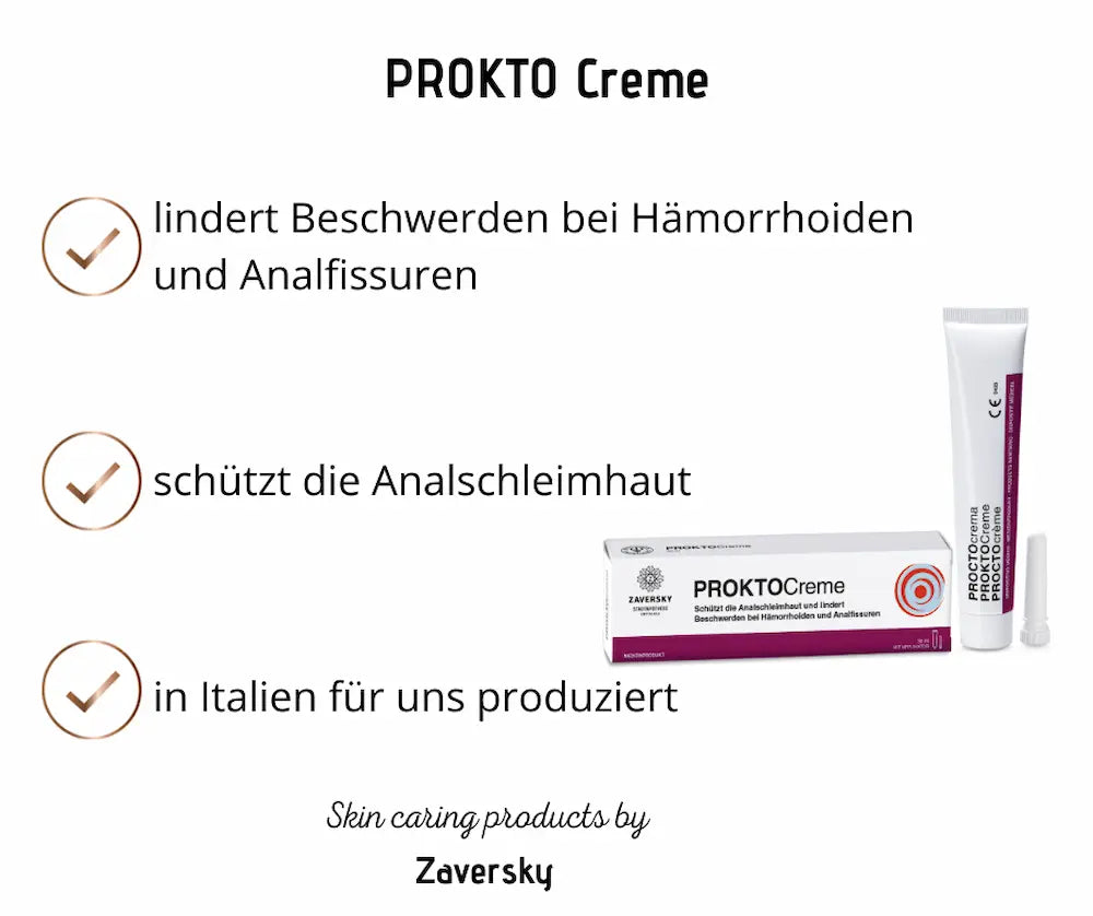 PROKTO Creme von Zaversky als weiße Tube und Schachtel mit Hinweisen zu Hämorrhoiden, Analfissuren und Schutz der Analschleimhaut
