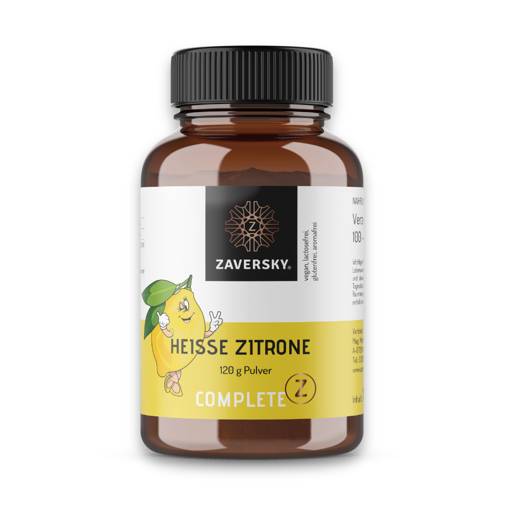 Zaversky Complete Z Heiße Zitrone 120 g Pulver, braune Dose mit Zitronen-Maskottchen und schwarzem Schraubverschluss.