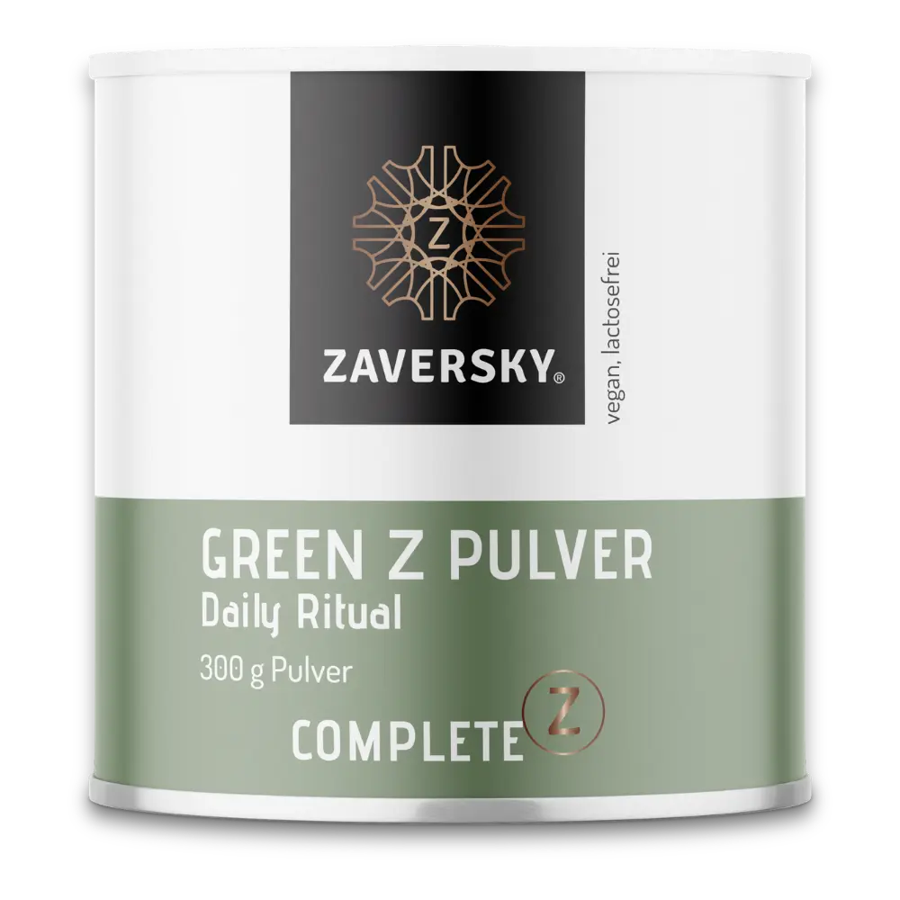 Zaversky Green Z Pulver, Daily Ritual,
300 g in weiß-grüner Dose mit Complete Z Logo, vegan und lactosefrei