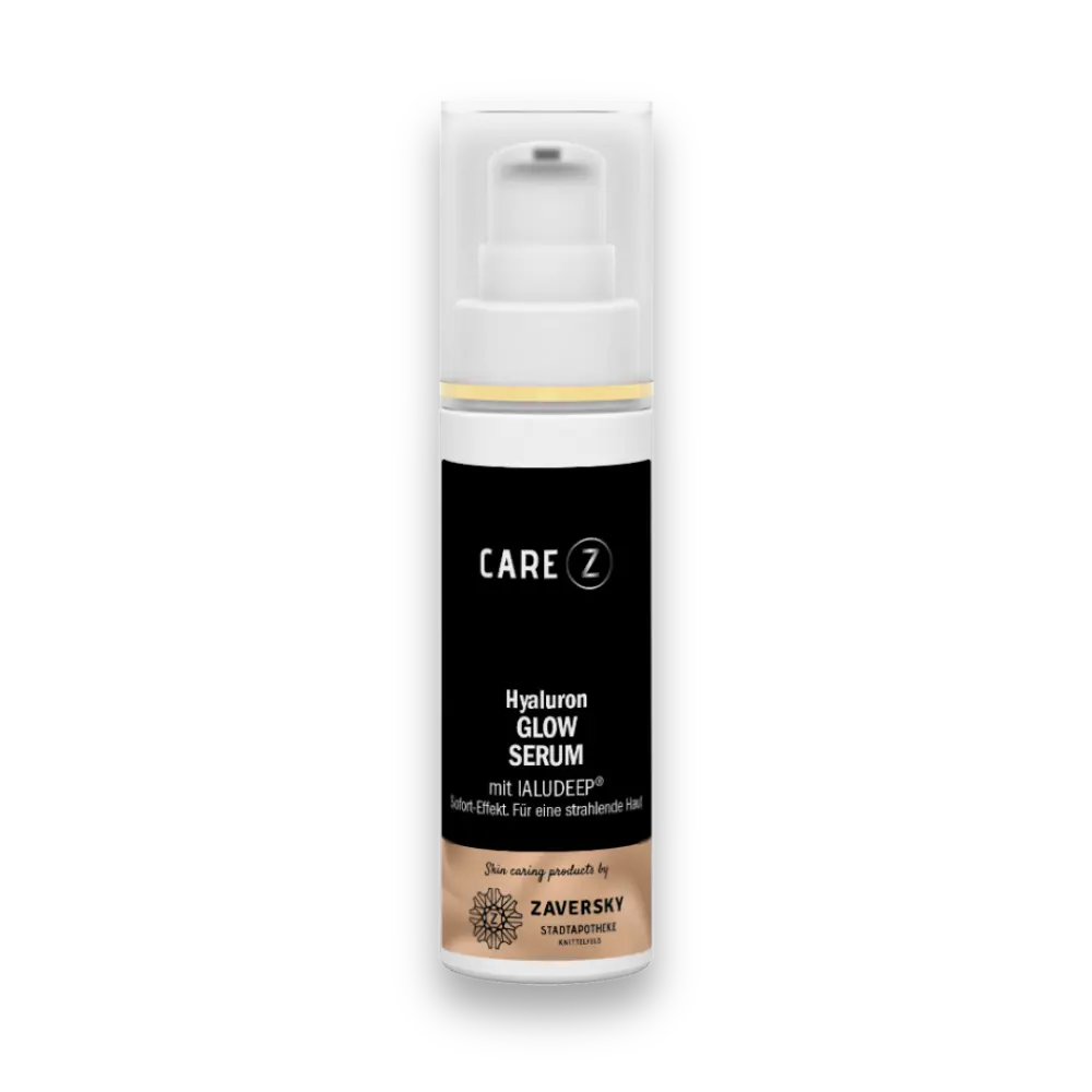 CARE Z Hyaluron Glow Serum mit IALUDEEP, Pumpspender in Weiß mit schwarzem Etikett und goldenem Akzentring.