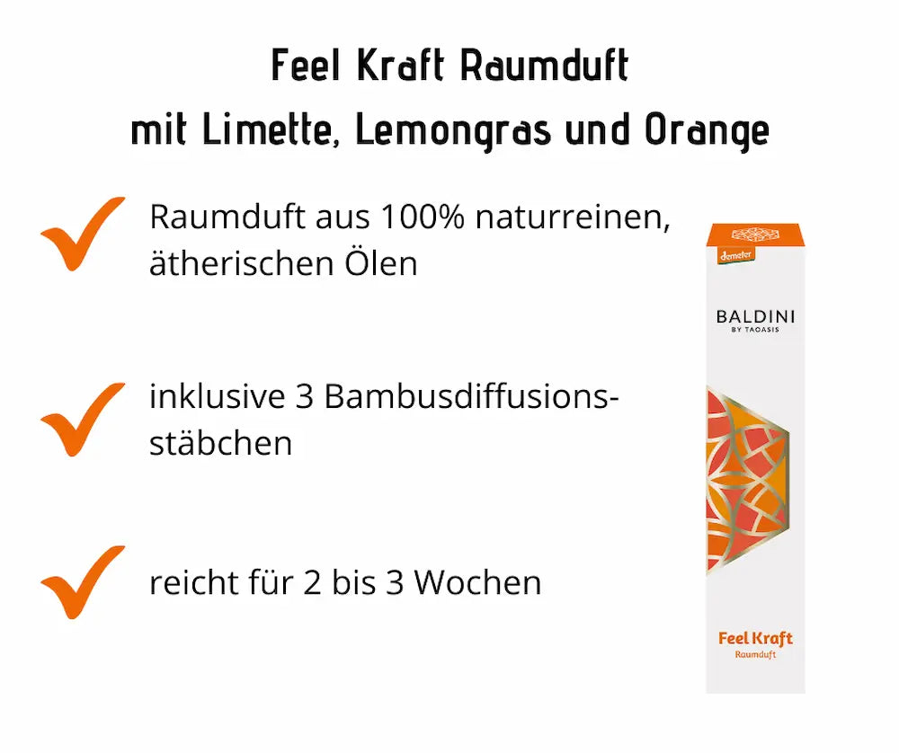 Baldini by Taoasis Feel Kraft Raumduft mit Limette, Lemongras und Orange, 100% naturreine ätherische Öle, inklusive 3 Bambusdiffusionsstäbchen