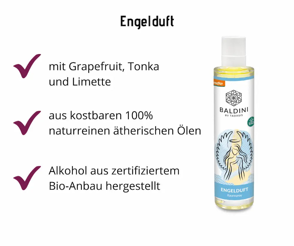 Baldini Engelduft Raumspray Infografik mit Hinweisen zu Grapefruit, Tonka und Limette sowie Flasche mit Engelmotiv und Bio-Siegel