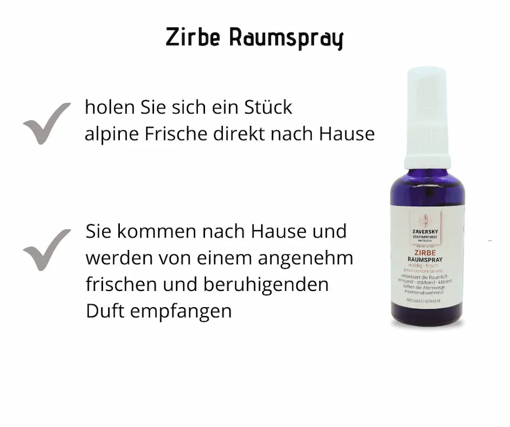 Zirbe Raumspray der Apotheke Zaversky in violetter Sprühflasche mit Etikett, daneben Hinweise zu waldig-frischem Duft für zuhause