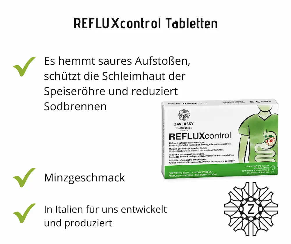REFLUXcontrol Tabletten Infografik mit grüner Verpackung, Minzgeschmack-Hinweis sowie Stichpunkten zu Sodbrennen und Schutz der Speiseröhre
