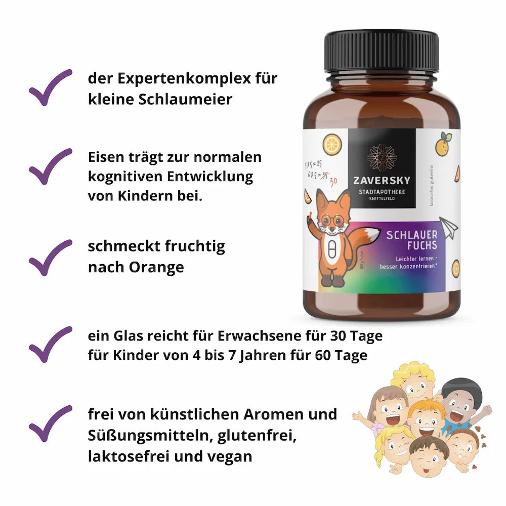 Schlauer Fuchs Pulver von Zaversky Stadtapotheke im braunen Glas mit Fuchs-Motiv, Orangengeschmack, lactosefrei, glutenfrei, vegan