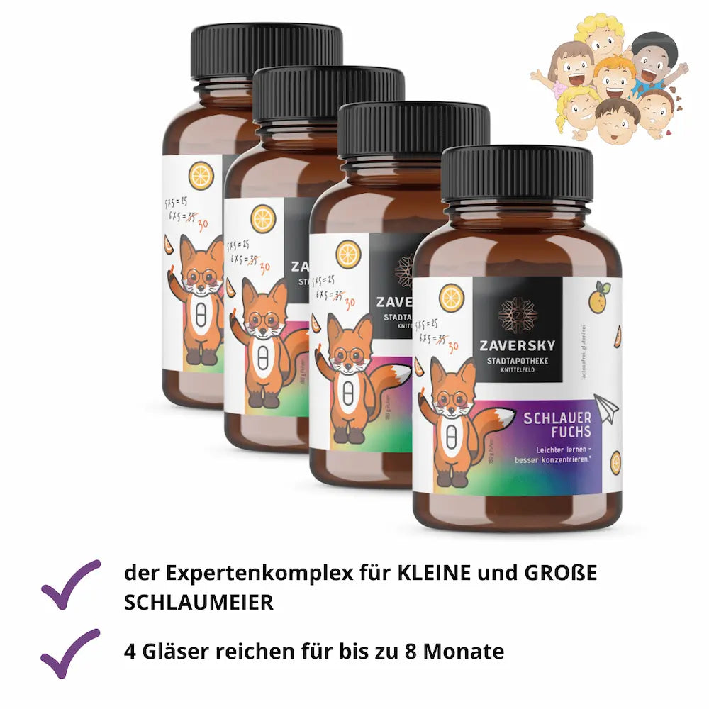 Vier Braunglasflaschen Zaversky Schlauer Fuchs Pulver mit Fuchs-Motiv, laktosefrei und glutenfrei, reichen für bis zu 8 Monate.