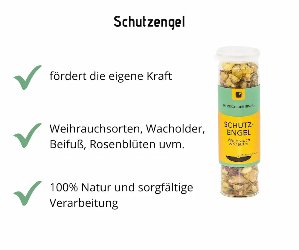 Schutzengel Weihrauch und Kräuter im Glasbehälter mit grün-gelbem Etikett, Infografik mit Hinweisen fördert die eigene Kraft, Weihrauchsorten, Wacholder, Beifuß, Rosenblüten und 100% Natur